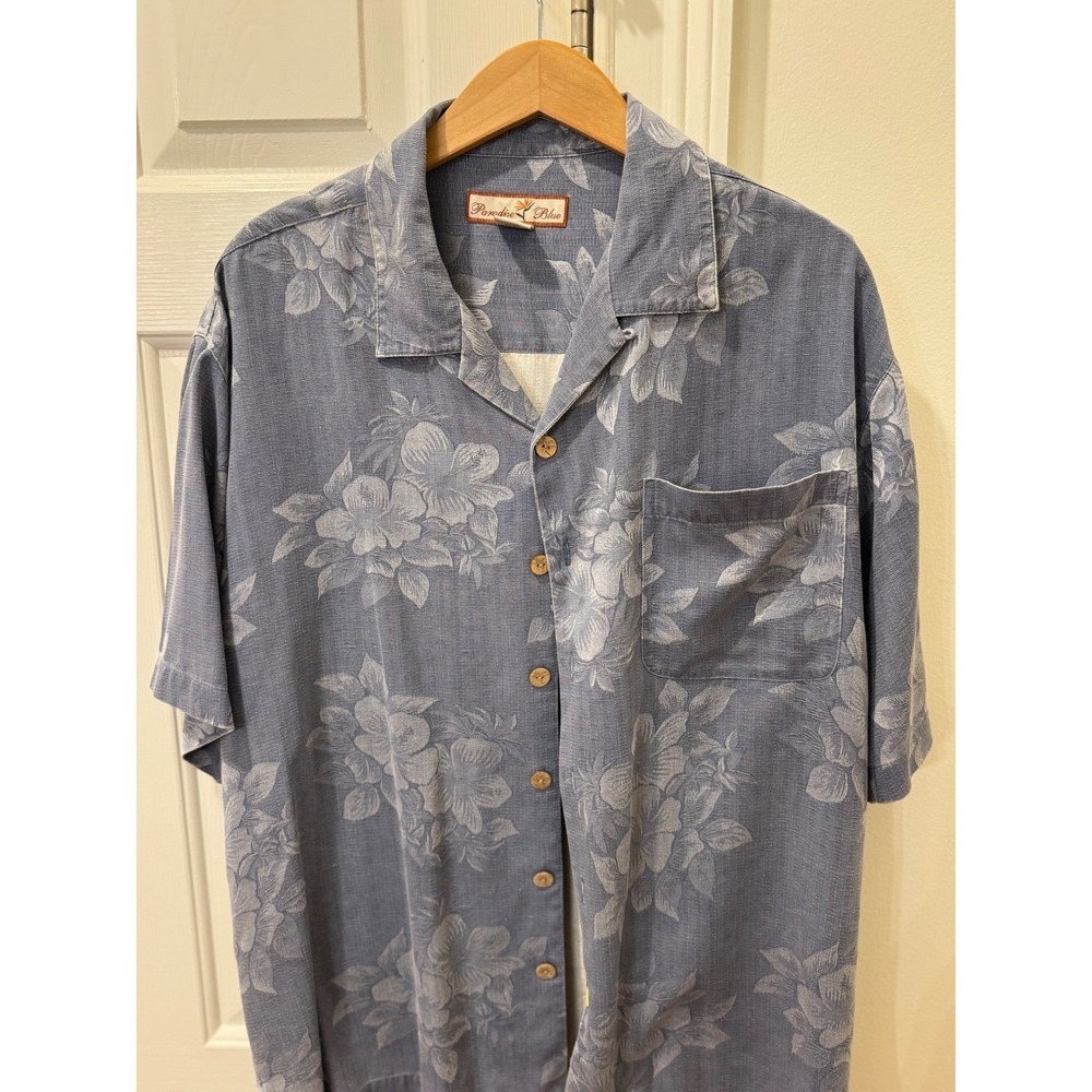 Paradise Blue Mens 100% Silk Hawaiian Shirt Blue Floral Tropical Camp Collar L